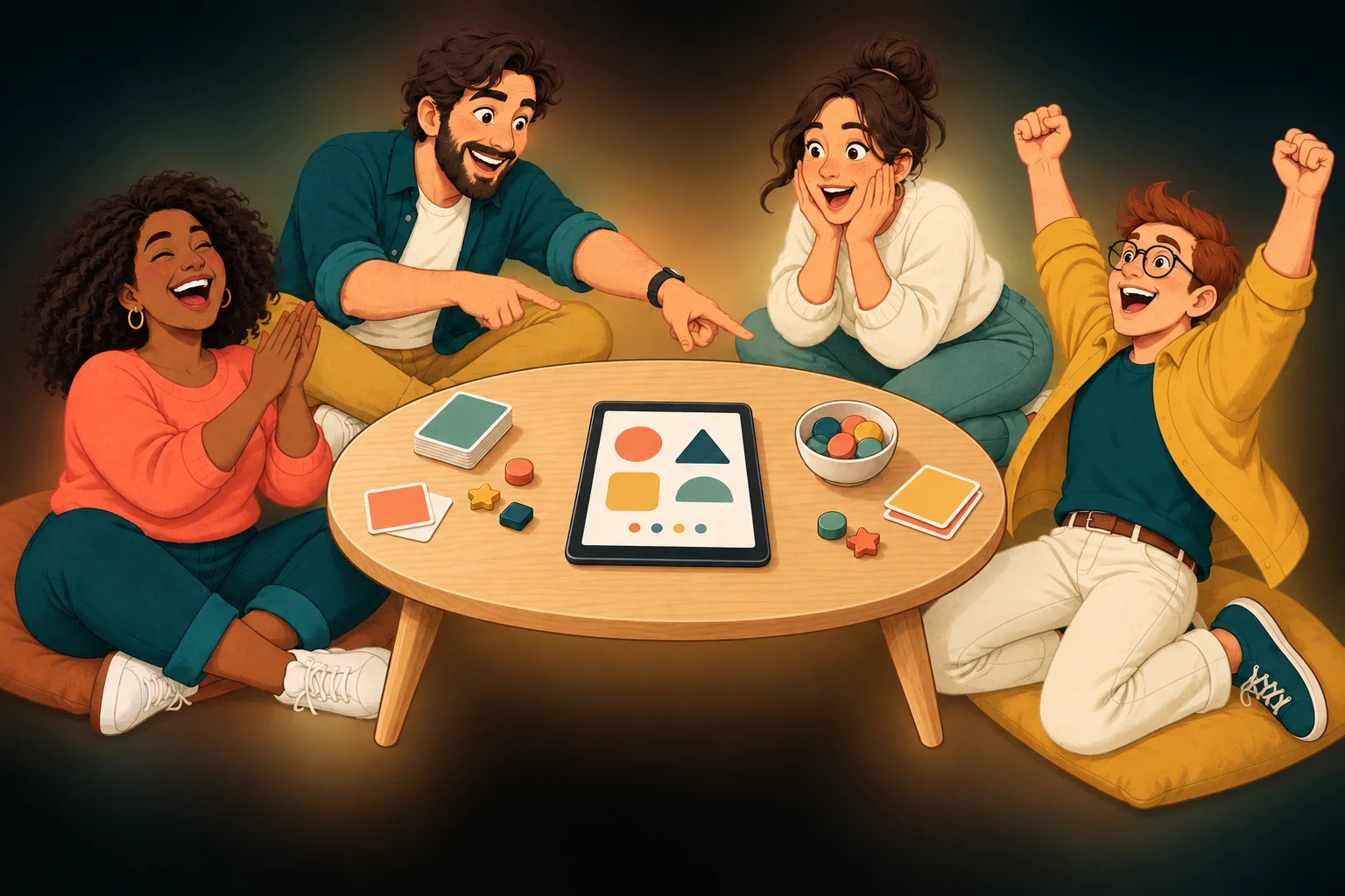 Four friends celebrating around a low wooden game table with a tablet, cards, and colorful pieces