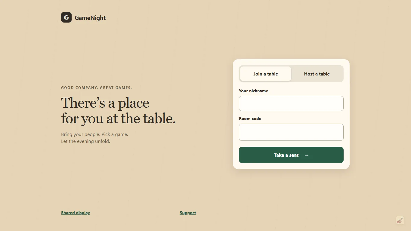 GameNight lobby inviting players to join or host a table
