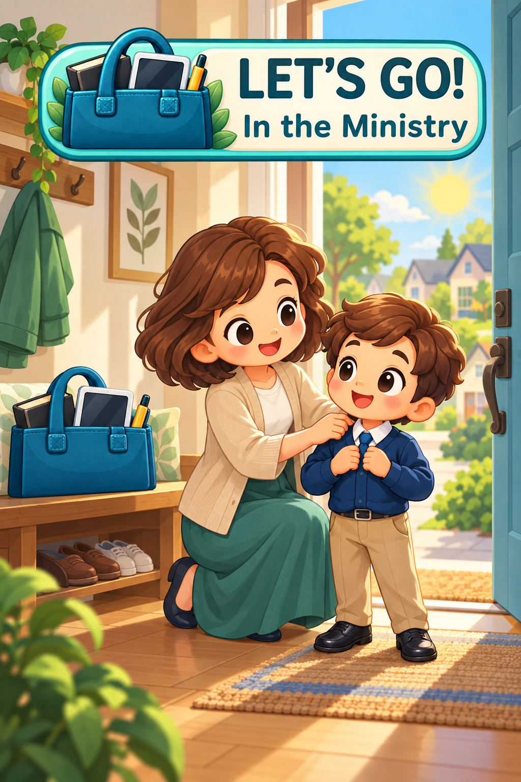 Let’s Go! In the Ministry poster: a child and trusted grown-up prepare together beside a short-handled service bag